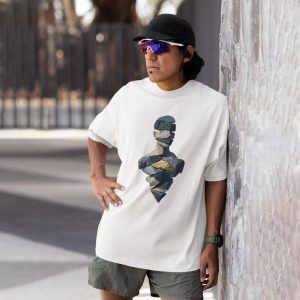 Man wearing Balance oversized standard T-shirt in white with abstract art design – Salt and Soil premium cotton tee