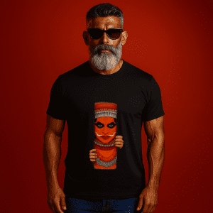 Theyyam oversized unisex t-shirt by Salt and Soil featuring vibrant Kerala-inspired art in black cotton fabric. Perfect for cultural streetwear lovers.
