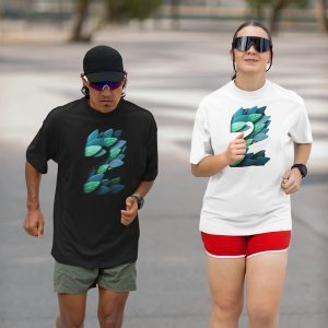 Two running models in oversized T-shirt black and white with nature inspired number 2 graphics