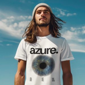 Male fashion model wearing a white Azure graphic oversized T-shirt with a realistic blue eye print, standing outdoors under a bright sky – premium cotton streetwear style.