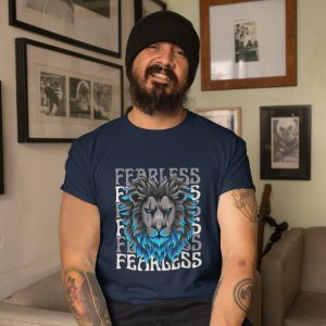 Fearless Lion. Man wearing a bold Fearless Lion Statment T-shirt