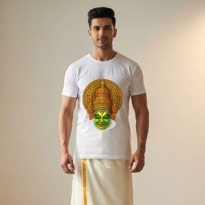 Men’s cotton Kathakali Onam T-shirt – traditional Kerala graphic tee with Kathakali face print by Salt & Soil