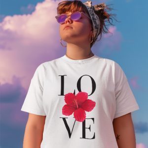 Hibiscus, Love Model wearing ladies round neck Tshirt in blue radiant outdoor sky