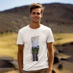Men's cotton graphic T-shirt featuring a torn paper Kerala road and nature design by Salt & Soil – breathable, stylish, and inspired by travel.