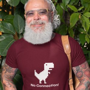 Older bearded man in a maroon Chrome Dino men’s classic crew t-shirt with white pixel dinosaur and “No Connection!” text, casual cotton streetwear.