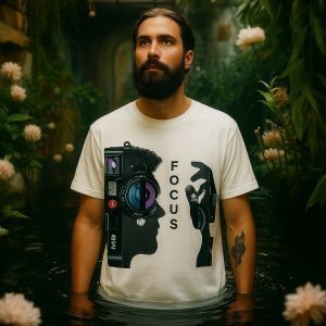Man wearing Leica Dreams – Men’s T-Shirt featuring bold camera and silhouette graphic with “Focus” typography, premium cotton photography-inspired fashion.