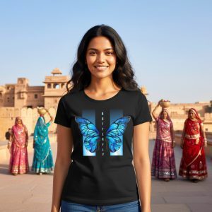 Smiling woman wearing a black T-shirt with a blue butterfly design, standing in front of an Indian heritage backdrop with traditionally dressed women in the background.