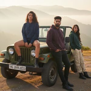 Three models wearing unisex acid wash hoodies in earthy tones posing with a green jeep in the hills during sunrise.