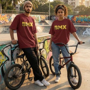 BMX riders wearing Salt & Soil SMX graphic tees at a skatepark during golden hour