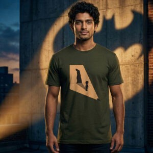 model wearing the Dark Knight Shadow Tee — minimal superhero silhouette t-shirt by Salt & Soil, photographed in a cinematic urban setting.
