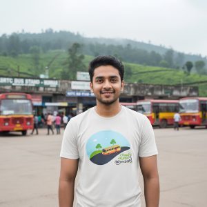 A Malayali man wearing the Aana Vandi KSRTC T-shirt at a Kerala KSRTC bus stand, representing Kerala nostalgia and culture by Salt & Soil.