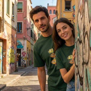 models wearing the Peeking Faces Cartoon Graphic T-shirt in a colourful street background – quirky character print tee by Salt & Soil.
