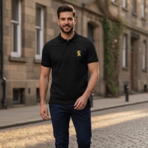 Men’s black polo shirt with gold embroidered lion crest – Royal Crest Polo by Salt and Soil