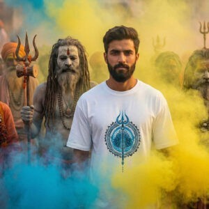 Premium oversized Shiva Trishul Mandala T-shirt in neon blue worn at Kumbh Mela with Aghori sadhus and colored smoke