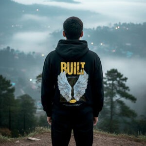 heavyweight winter zip hoodie with wing graphic back design worn outdoors